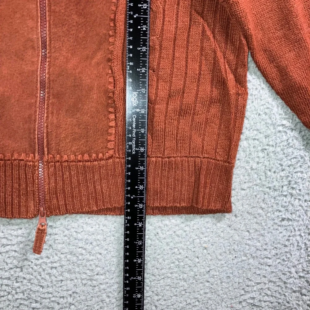 Vtg Leather Patchwork Sweater Mens L Rust Orange Knit‎ Two Way Zip Mock Neck y2k